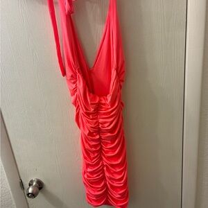 Hot Pink Ruched Halter Bodycon Mini Dress Adjustable Tie